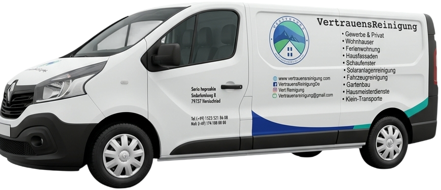 Firmenwagen von Vertrauens Reinigung mit Logo und Kontaktangaben